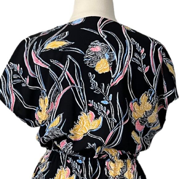 Halogen Women's Dress Elastic Waist V Neck Wrap Black Yellow Floral Size XL - Picture 8 of 10